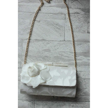Wedding Party Clutch, Hard Body Purse, White Fabric Purse With White Flower Applique